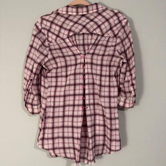 Seven7 Jeans Hot Pink Plaid Double Button Down Half Sleeve Cotton Shirt L - Picture 4 of 6